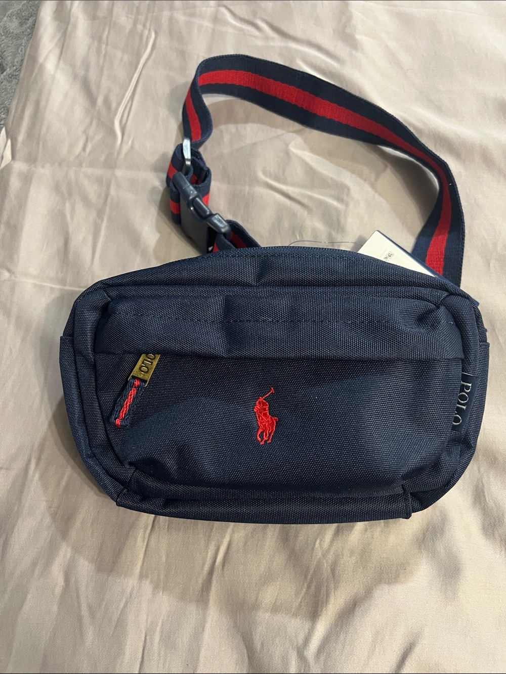 Polo by Ralph Lauren Navy Crossbody with Red Polo Logo and Red-Striped Strap